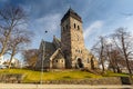 Alesund, Norway - April 14, 2018: Stone architecture of church in Alesund city of Norway