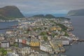 The bird`s eye view of Alesund port town on the west coast of Norway, at the entrance to the Geirangerfjord Royalty Free Stock Photo