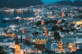 Alesund, Norway. Night View Of Alesund Skyline Cityscape. Historical Center In Summer Evening. Famous Norwegian Landmark