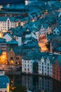 Alesund, Norway. Night View Of Alesund Skyline Cityscape. Historical Center In Summer Evening. Famous Norwegian