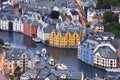 Alesund skyline architecture at dusk, in Norway