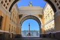 Alexander column on Palace Square view through Arch of General Staff Building in Saint Petersburg, Russia. Royalty Free Stock Photo