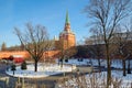 Alexander garden and Troitskaya tower of Moscow Kremlin in winter day, Russia Royalty Free Stock Photo