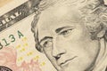 Alexander Hamilton face on US ten or 10 dollars bill macro, united states money closeup Royalty Free Stock Photo