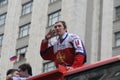 Alexander Mikhaylovich Ovechkin does the self against the backdrop of the Kremlin, Moscow Royalty Free Stock Photo