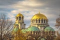 Alexander Nevski cathedral square in Sofia at dramatic autumn sunset, Bulgaria Royalty Free Stock Photo