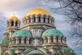 Alexander Nevski cathedral square in Sofia at dramatic autumn sunset, Bulgaria Royalty Free Stock Photo