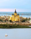 Alexander Nevsky Cathedral and sailboat on confluence rivers