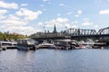 Alexandra Bridge from Gatineau city of Quebec to Ottawa and yacht club in Canada Royalty Free Stock Photo