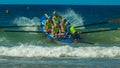 ALEXANDRA HEADLAND, QUEENSLAND, AUSTRALIA- APRIL 21, 2016: close up of a surf boat racing Royalty Free Stock Photo