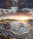 Alexandre III bridge in Paris against Eiffel Tower with boat on Seine, France