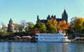 Alexandria Bay, New York, U.S.A - October 24, 2019 - The view of Boldt Castle and ferry surrounded by striking fall foliage along