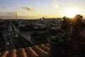 Alexandria Egypt city view from top roof of high building house, landscape with park forest green trees, blue clouds sky,  sea Royalty Free Stock Photo