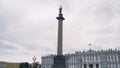 Alexandrian pillar in Saint Petersburg. Action. Bottom view of architectural monument in form of pillar with angel