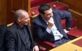 Alexis Tsipras talks with Finance Minister Yanis Varoufakis