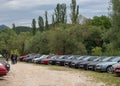 Alfa Romeo 156s and 159s lined up on a parking field in nature. Italian car enthusiasts meeting for an exhibition and drive in Royalty Free Stock Photo
