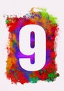 set of white numbers on multicolored acrylic painting background, digital illustration, nine