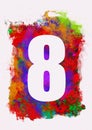 set of white numbers on multicolored acrylic painting background, digital illustration, eight