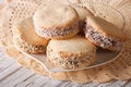 Alfajores freshly baked cookies closeup. horizontal