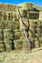 Alfalfa hay bales stacked with pitch fork on farm Royalty Free Stock Photo