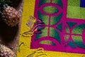 Alfobre, sawdust carpet made for Semana Santa Easter with pineapples and fingerprints in El Calvario, Antigua, Guatemala