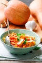 Alfredo pasta sauce with butternut squash, garlic and Parmesan .selective focus