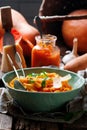 Alfredo pasta sauce with butternut squash, garlic and Parmesan .selective focus