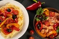 Alfredo pasta - spaghetti with olives chicken cream sauce and fried chicken fillet Royalty Free Stock Photo