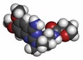 Alfuzosin benign prostate hyperplasia BPH drug molecule. Atoms are represented as spheres with conventional color coding:.