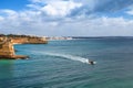 Algarve coast near Armacao de Pera, Portugal. Speed boat excursion Royalty Free Stock Photo