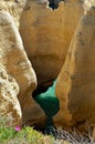 Algarve coastline with turquoise ocean water between eroding cliffs Royalty Free Stock Photo