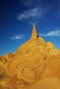 Algarve, Portugal 06232009: An abstract sculpture of London tower at the famous sand sculpture festival Fiesa, 2009 Royalty Free Stock Photo