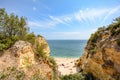 Algarve Portugal: Huge rocks at the cliff beach Praia da Marinha, lovely hidden beach near Lagoa Royalty Free Stock Photo
