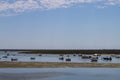 Algarve, Portugal - O6 September 2020 - Sunset in the bay of Ferragudo, Portimao. Fishing boat on the shore Royalty Free Stock Photo