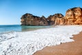 Algarve, Portugal, a stunning sea ocean landscape with yellow rocks and azure water. The beauty of nature and the power Royalty Free Stock Photo