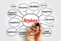 Algebra mind map including functions, variables, factoring, equations, polynomials, logarithms, matrices, sequences, exponents, Royalty Free Stock Photo