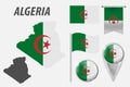 ALGERIA. Collection of symbols in colors national flag on various objects isolated on white background. Flag, pointer, button, Royalty Free Stock Photo