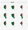 Algeria flag, set of location pin icons of Algeria flag Royalty Free Stock Photo