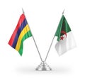 Algeria and Mauritius table flags isolated on white 3D rendering