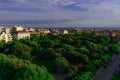 Alghero cityscape, trees, sea and churches, view from Catalunya hotel