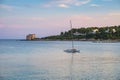 Alghero, Sardinia, Italy - Panoramic view of the Spiaggia di Lazzaretto beach at the Gulf of Alghero in the Porto Conte Regional Royalty Free Stock Photo