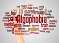 Algophobia fear of pain word cloud and hand with marker concept