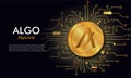Algorand Algo gold coin.black background with circuit board.Algorand token cyptocurrency