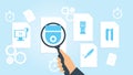 Algorithm, search, code file, document research vector illustration. Document with search icons. File and magnifying