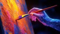 Algorithmic hand painting a vibrant digital canvas with intricate patterns and flowing lines symbolizes the fusion of