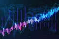 Algorithmic trading concept with digital growing up financial candlestick and microcircuit on dark background