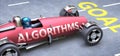 Algorithms helps reaching goals, pictured as a race car with a phrase Algorithms on a track as a metaphor of Algorithms playing