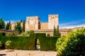 Alhambra Castle Towers and Wall. Granada, Andalusia, Spain. Royalty Free Stock Photo