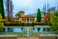 Alhambra de Granada. El Partal. A large central pond faces the arched portico behind which stands the Tower of the Royalty Free Stock Photo