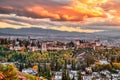 Alhambra Fortress Aerial View at Sunset with Amazing Clouds, Granada, Andalusia